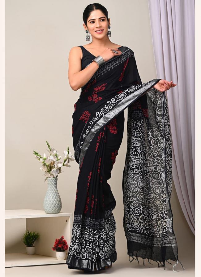 Linen Black Casual Wear Printed Saree